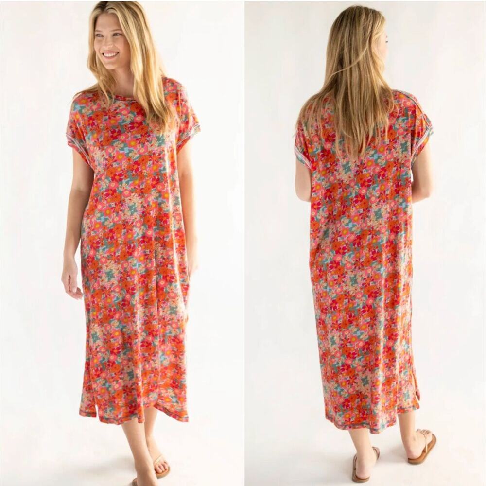 Natural Life Frankie Dress Size Medium Knit 100% Cotton Midi Floral Boho Hippie